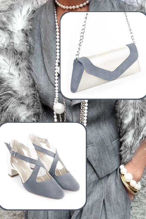 Pure white and mouse grey women's dress clutch, for weddings, ceremonies, cocktails and parties. Worn view - Florence KOOIJMAN